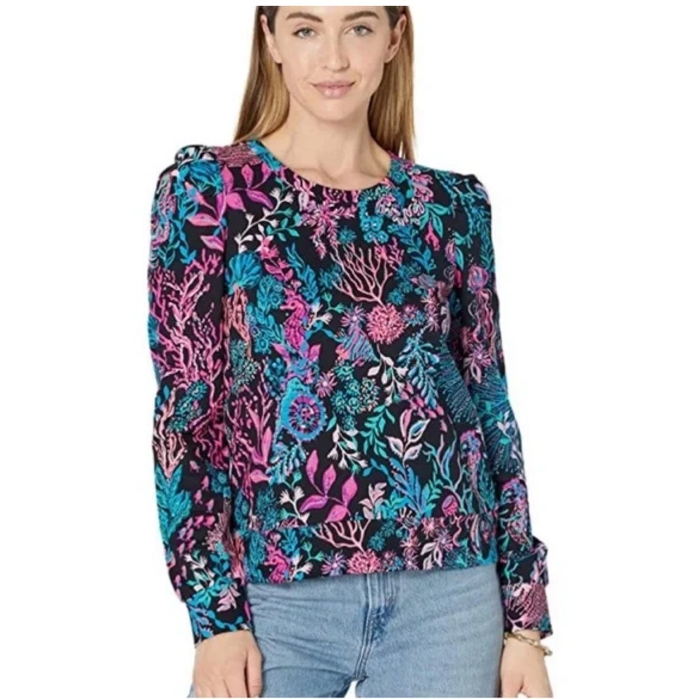 Lilly Pulitzer Jansen Puff Sleeve Sweater in Onyx Twilight Coral